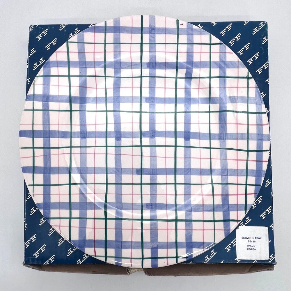Fitz & Floyd Vintage 1991 Ceramic Plaid Serving Tray Round 13" Bloomers Check - Picture 2 of 12